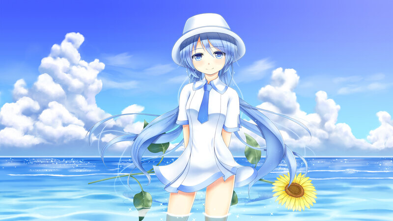 Blue-haired Girl in Water — Blue, Serene, Afternoon, Anime, Sunflower