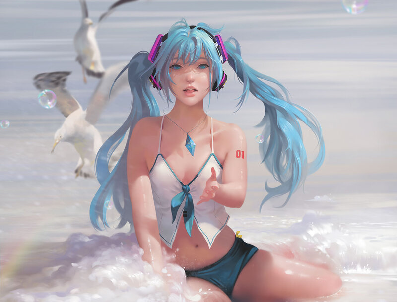 Blue-haired Girl in Water — Blue, Serene, Afternoon, Digital Art
