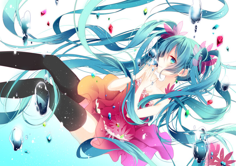Blue-haired Girl in Water — Blue, Serene, Anime, Flowers