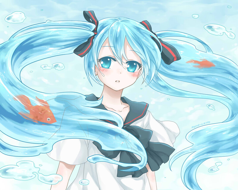 Blue-haired Girl in Water — Blue, Serene, Anime, Goldfish