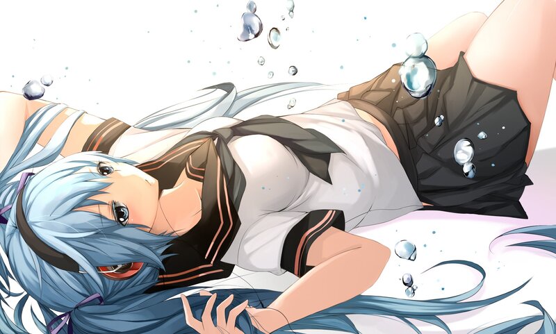 Blue-haired Girl in Water — Blue, Serene, Anime, School Uniform, Bubbles