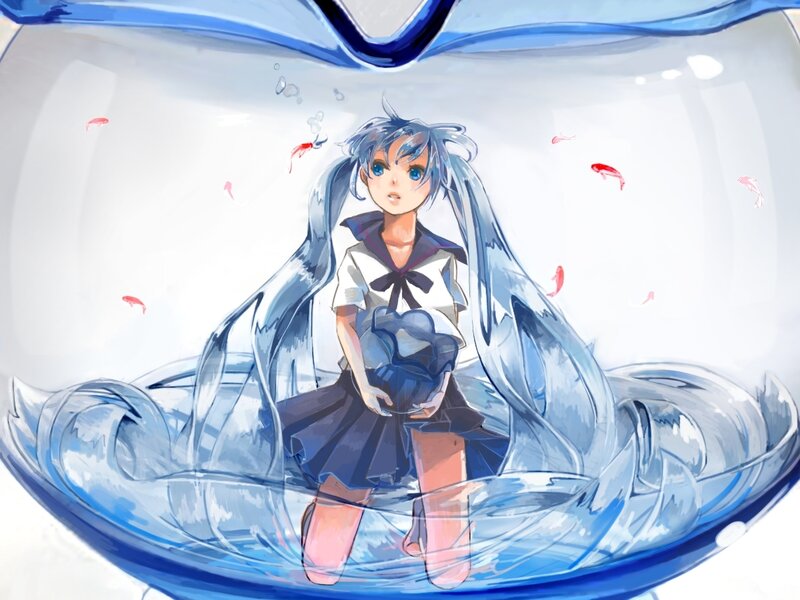 Blue-haired Girl in Water — Blue, Serene, Anime, School Uniform