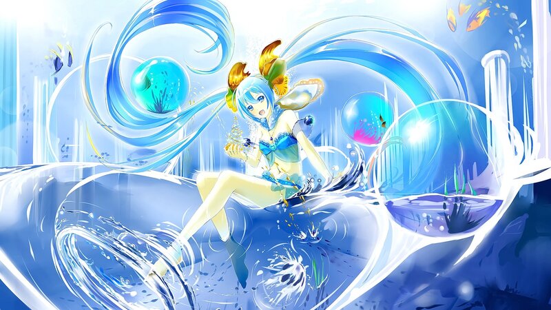 Blue-haired Girl in Water — Blue, Serene, Digital Art, Fish, Bubbles