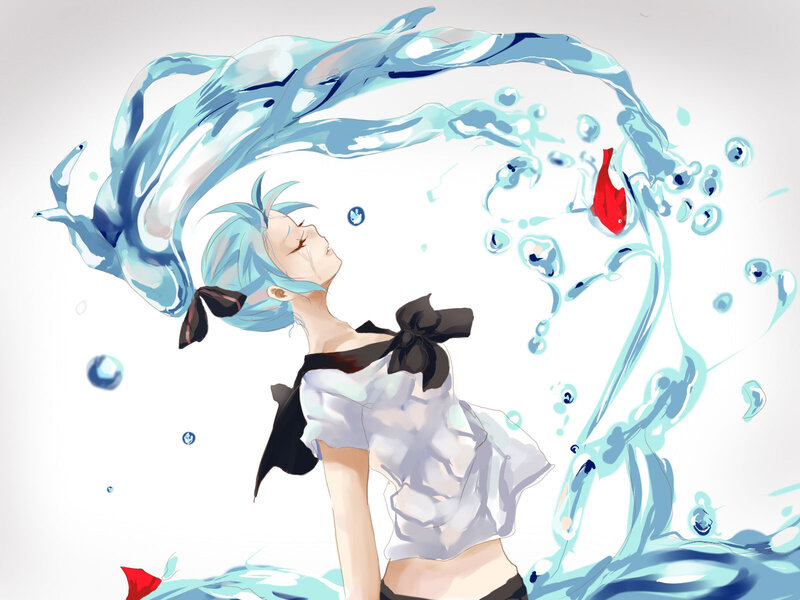 Blue-haired Girl in Water — Blue, Serene, Digital Art, Fish