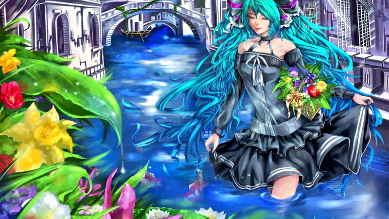 Blue-haired Girl in Water — Blue, Serene, Digital Art, Flowers