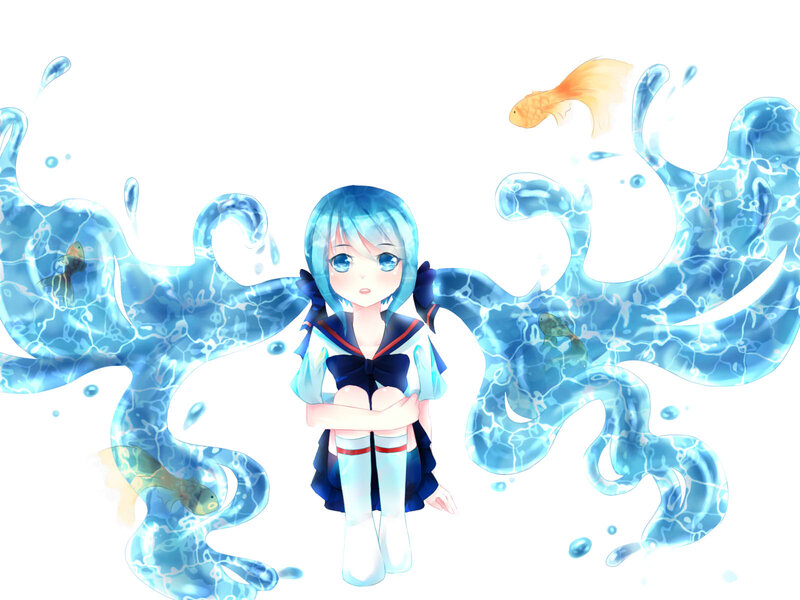 Blue-haired Girl in Water — Blue, Serene, Digital Art, Goldfish