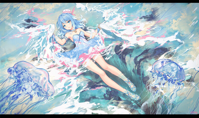 Blue-haired Girl in Water — Blue, Serene, Digital Art, Jellyfish