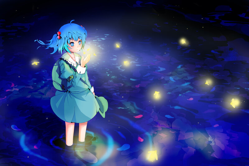 Blue-haired Girl in Water — Blue, Serene, Night, Anime, Fireflies