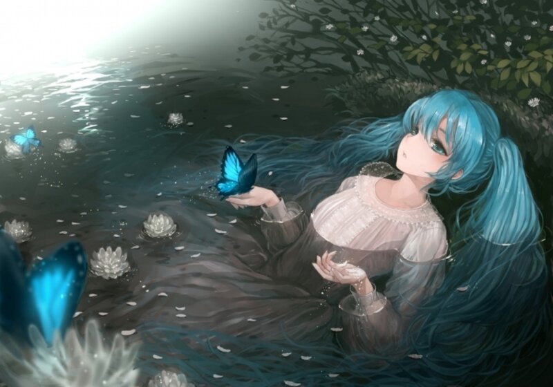 Blue-haired Girl in Water — Blue, Serene, Night, Anime