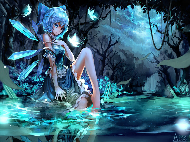 Blue-haired Girl in Water — Blue, Serene, Night, Digital Art, Crystals