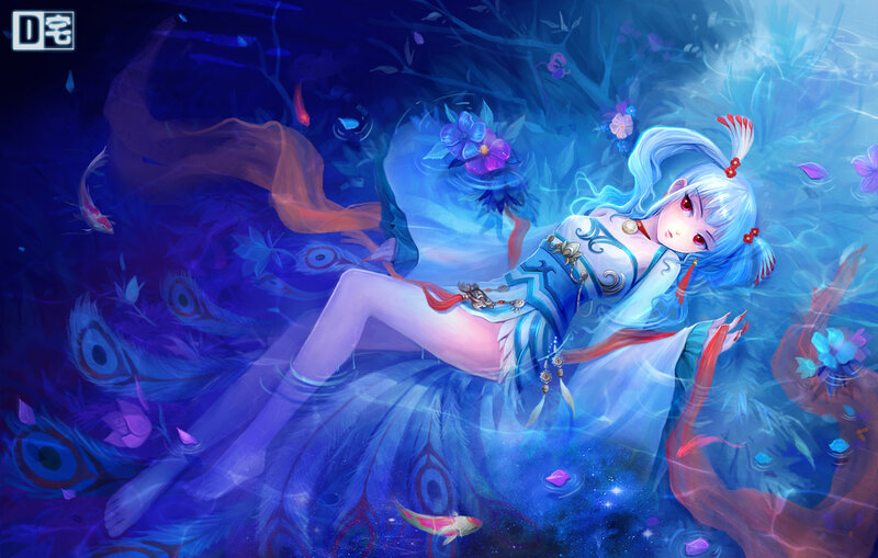 Blue-haired Girl in Water — Blue, Serene, Night, Digital Art, Fish
