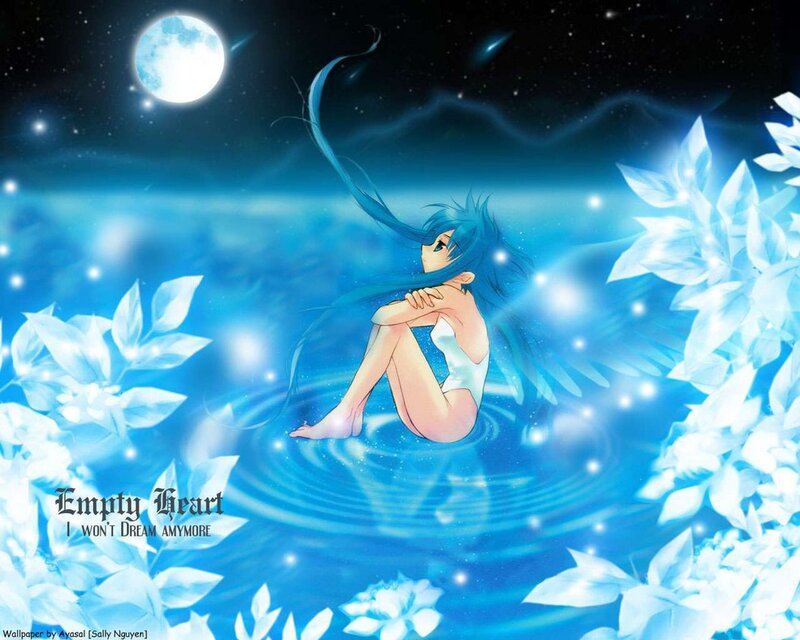 Blue-haired Girl in Water — Blue, Serene, Night, Digital Art, Moon