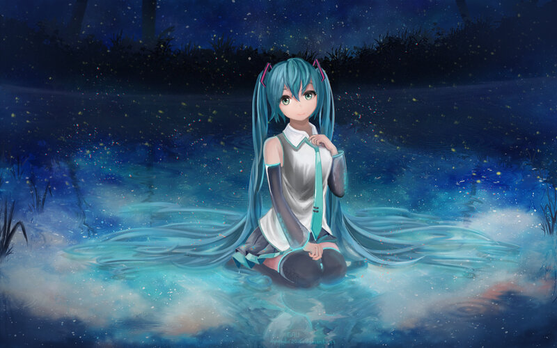 Blue-haired Girl in Water — Blue, Serene, Night, Digital Art, Night Sky