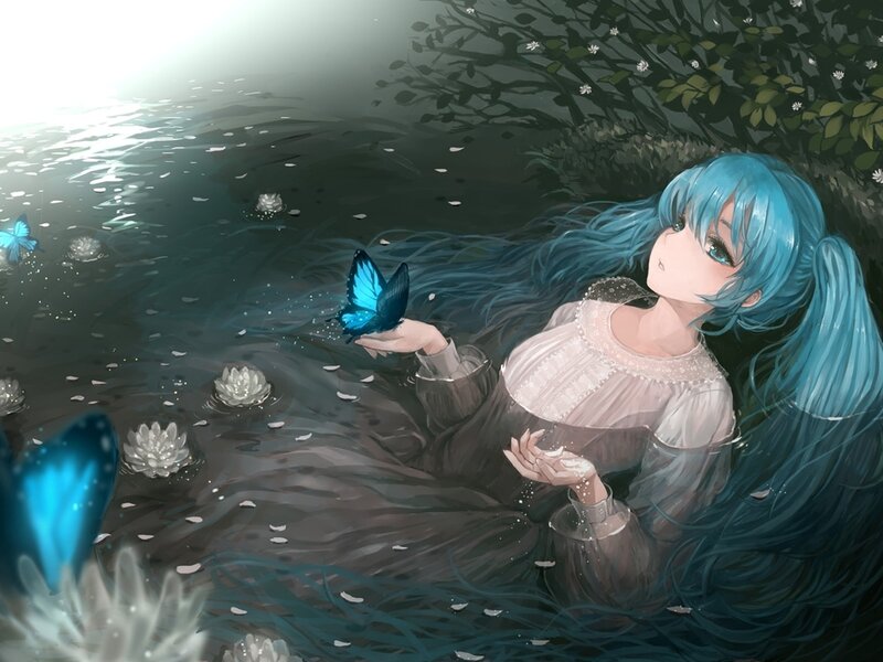 Blue-haired Girl in Water — Blue, Serene, Night, Digital Art