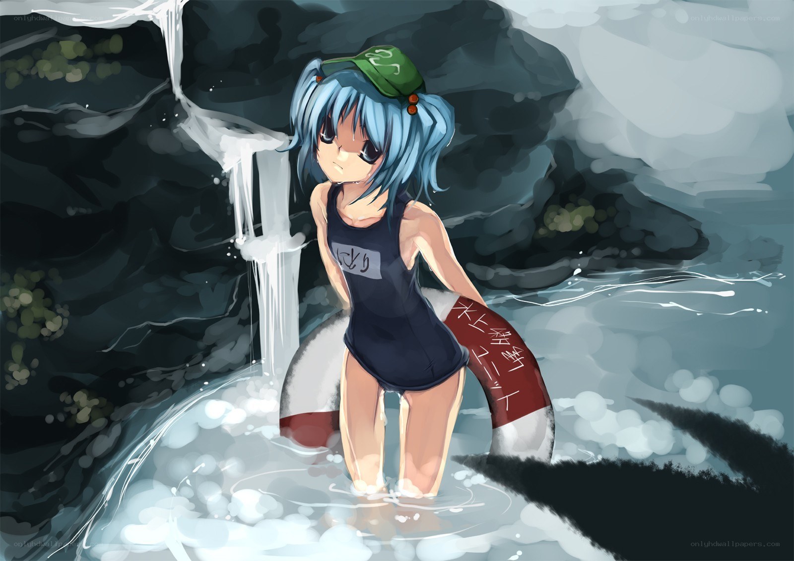 blue-haired girl in waterfall
