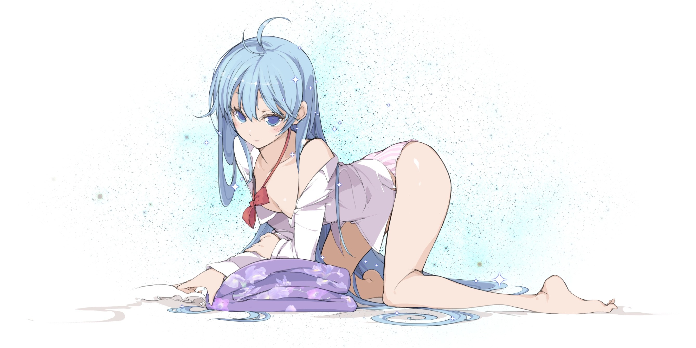 blue-haired girl in wet clothes