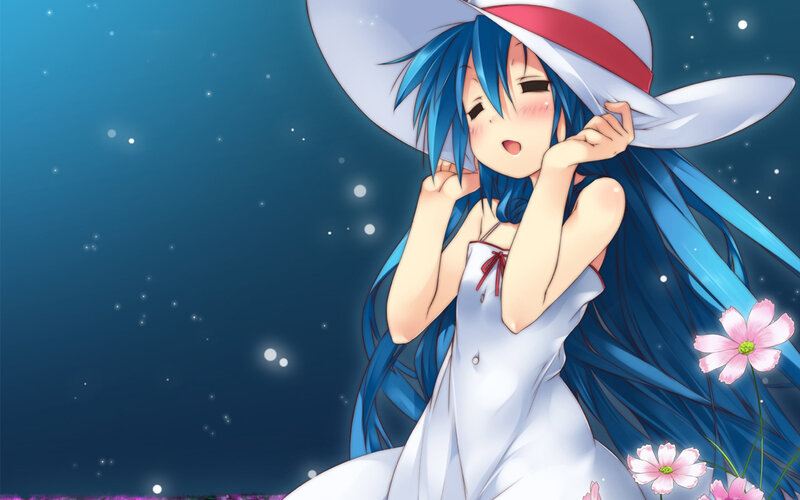 blue-haired girl in white dress
