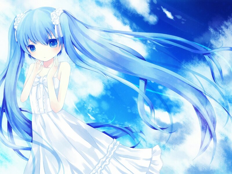 Blue-haired Girl in White Dress — Blue, Serene, Anime
