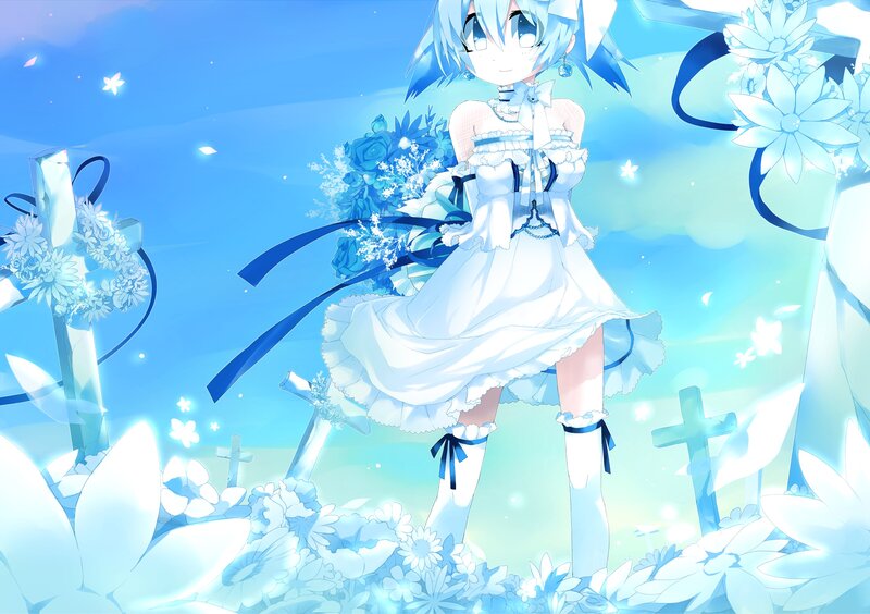Blue-haired Girl in White Dress — Blue, Serene, Digital Art