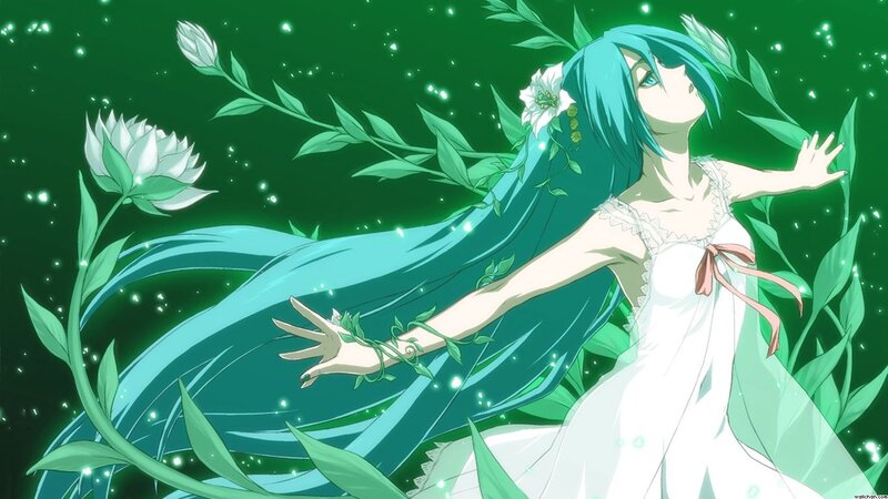 Blue-haired Girl in White Dress — Green, Serene, Night
