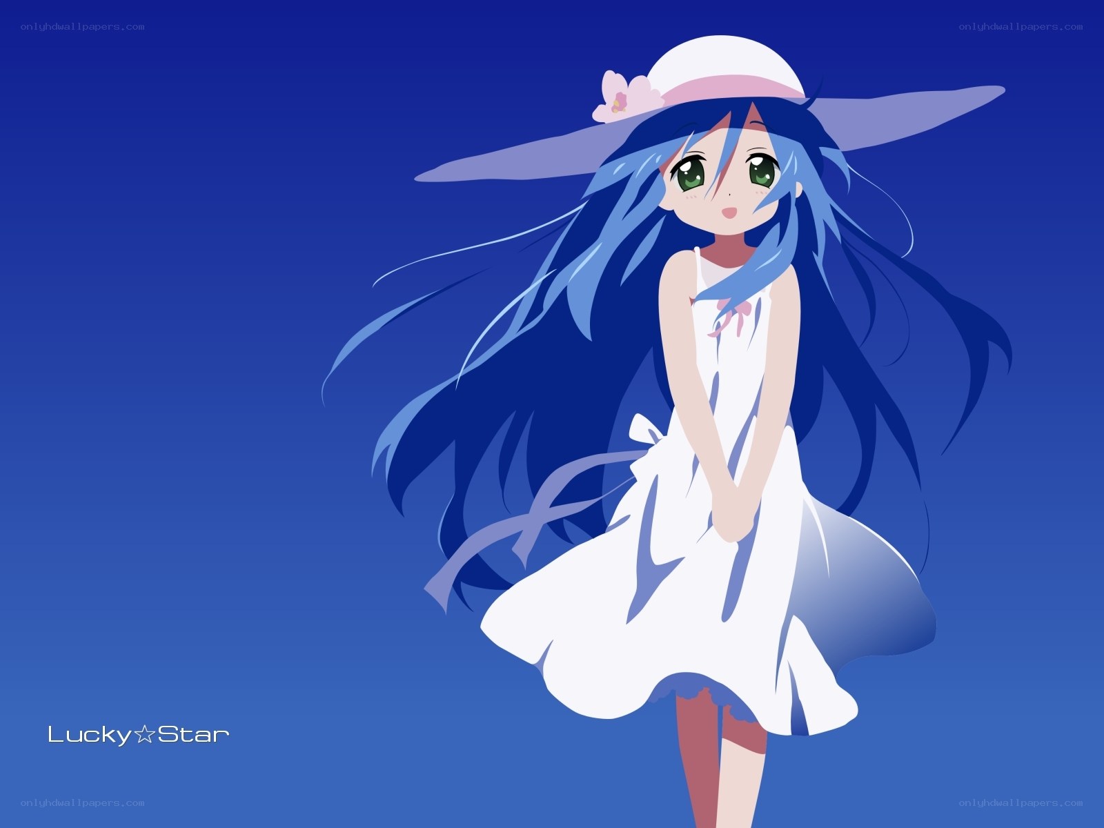 blue-haired girl in white dress