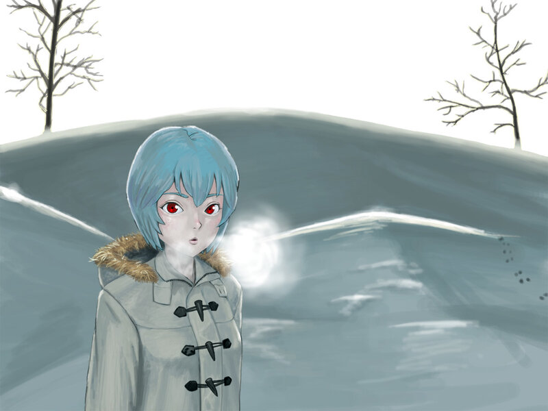 blue-haired girl in winter