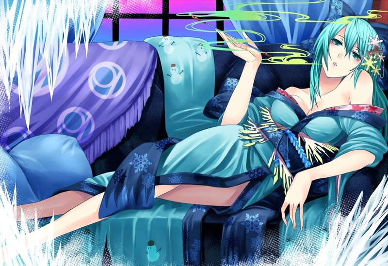 blue-haired girl in winter kimono