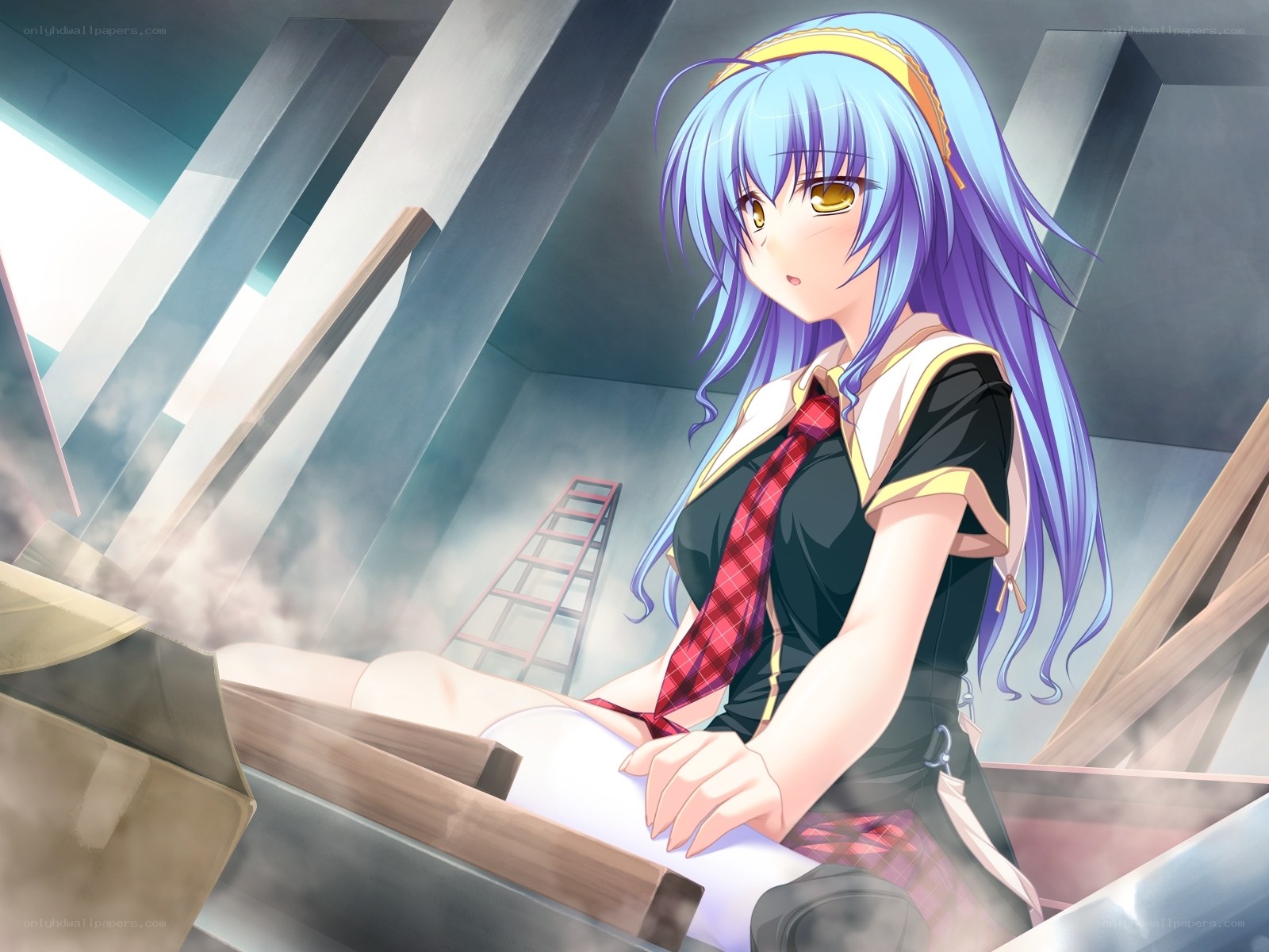 blue-haired girl in workshop