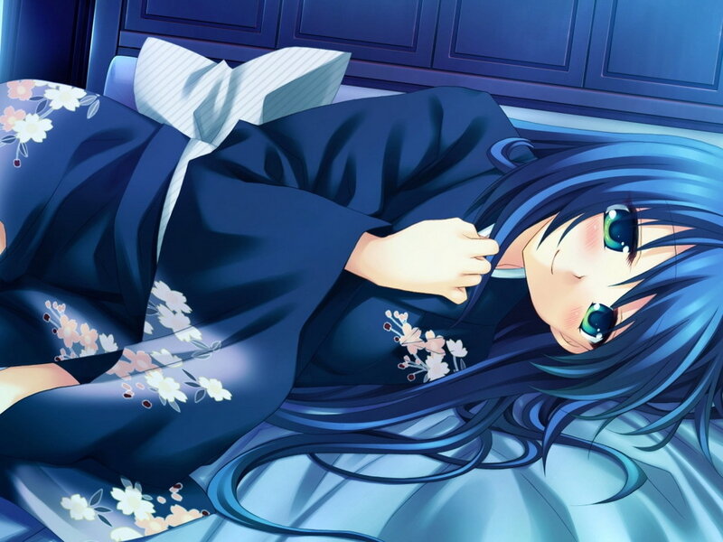 blue-haired girl in yukata