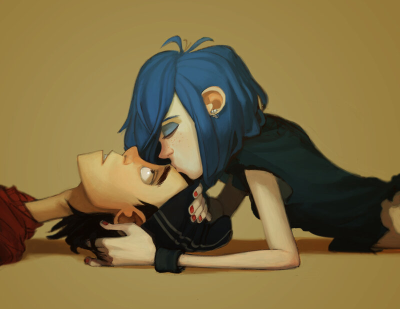 Blue-haired Girl Kissing Boy