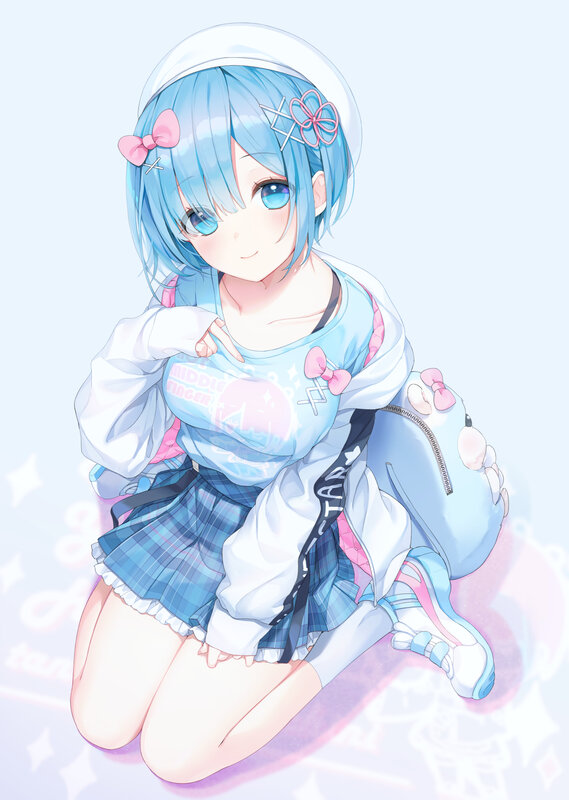 Blue-haired Girl Kneeling — Blue, Cheerful