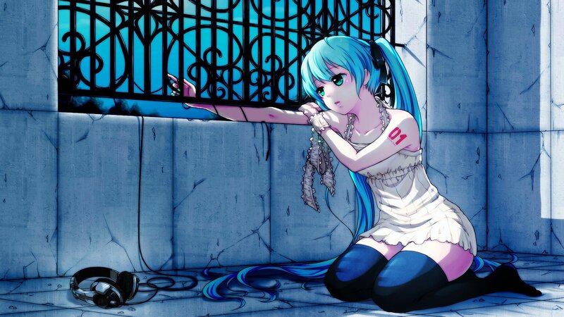 Blue-haired Girl Kneeling — Blue, Dramatic, Anime, Headphones