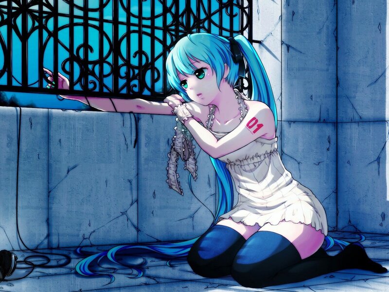 Blue-haired Girl Kneeling — Blue, Dramatic, Anime