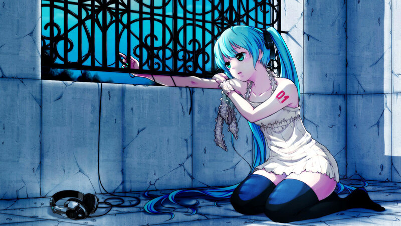 Blue-haired Girl Kneeling — Blue, Dramatic, Digital Art