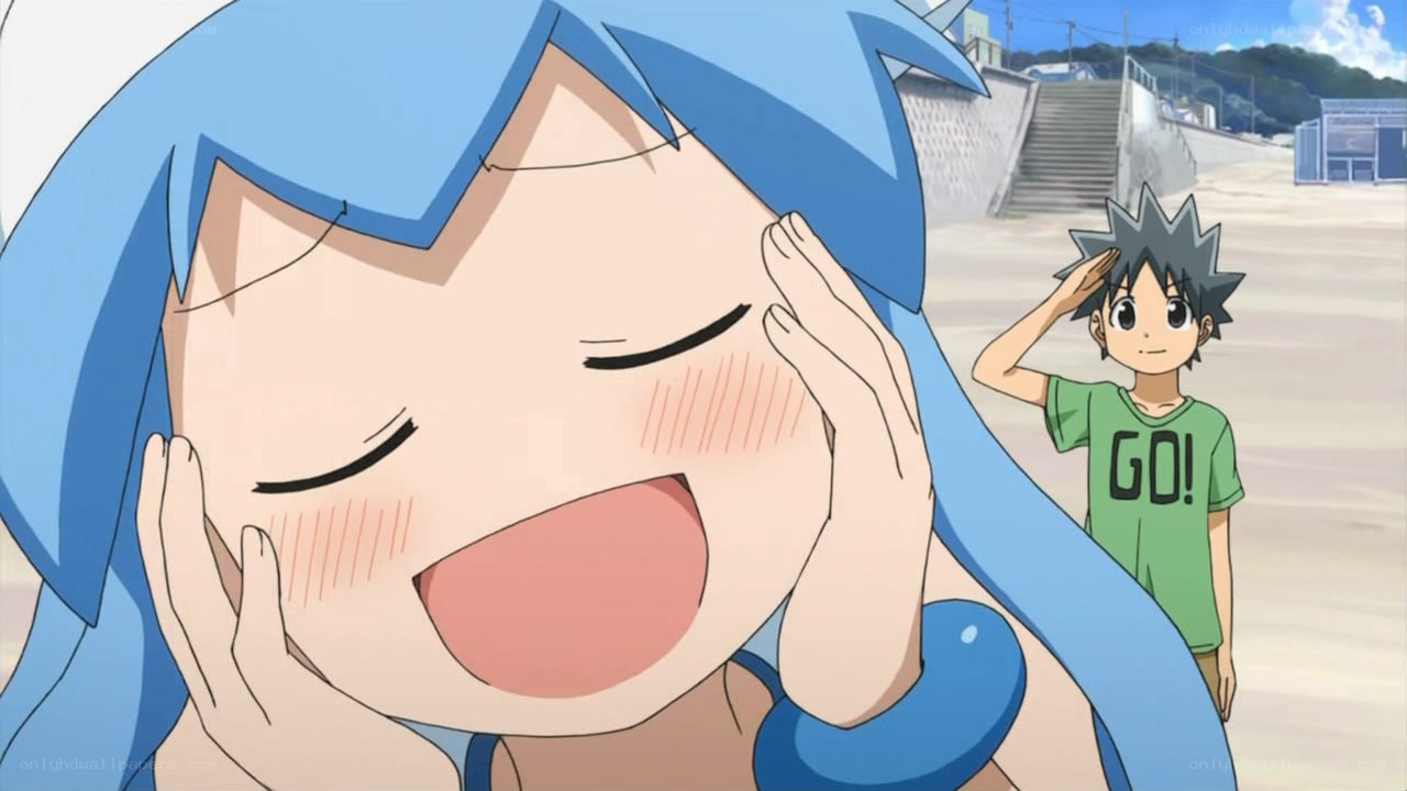 blue-haired girl laughing happily