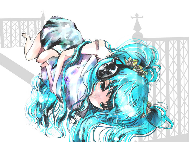 blue-haired girl lying down