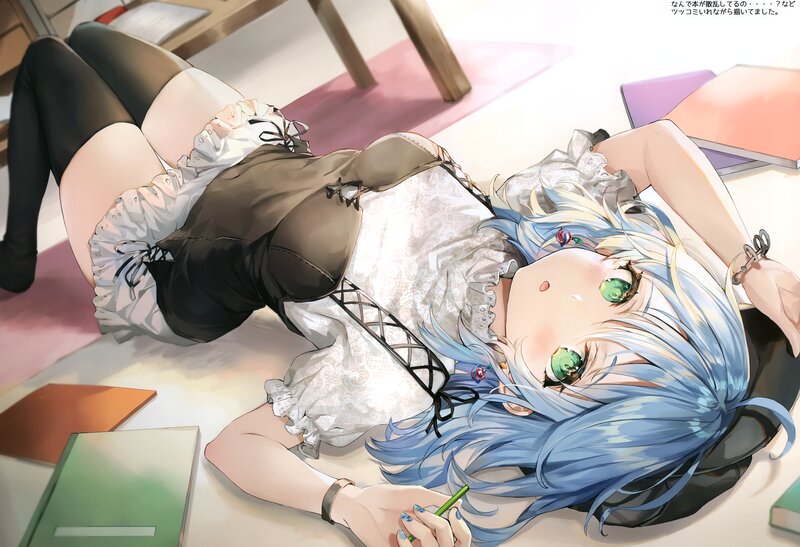 Blue-haired Girl Lying Down — Blue, Calm, Anime, Books