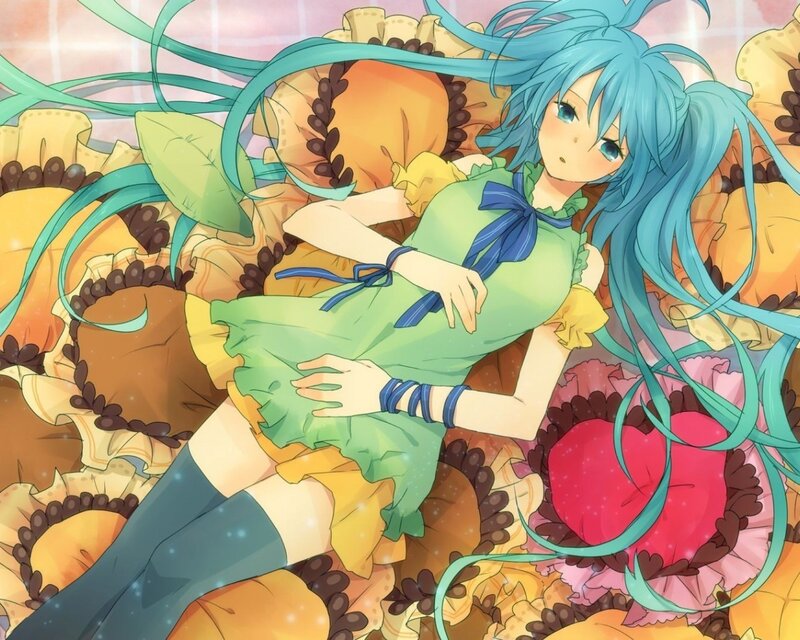 Blue-haired Girl Lying Down — Blue, Calm, Anime, Pillows