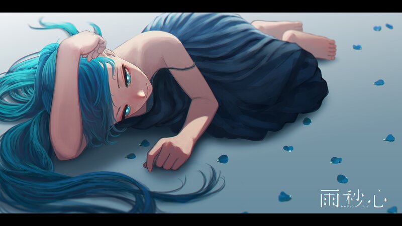 Blue-haired Girl Lying Down — Blue, Calm, Digital Art