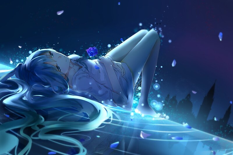 Blue-haired Girl Lying Down — Blue, Serene, Night, Digital Art