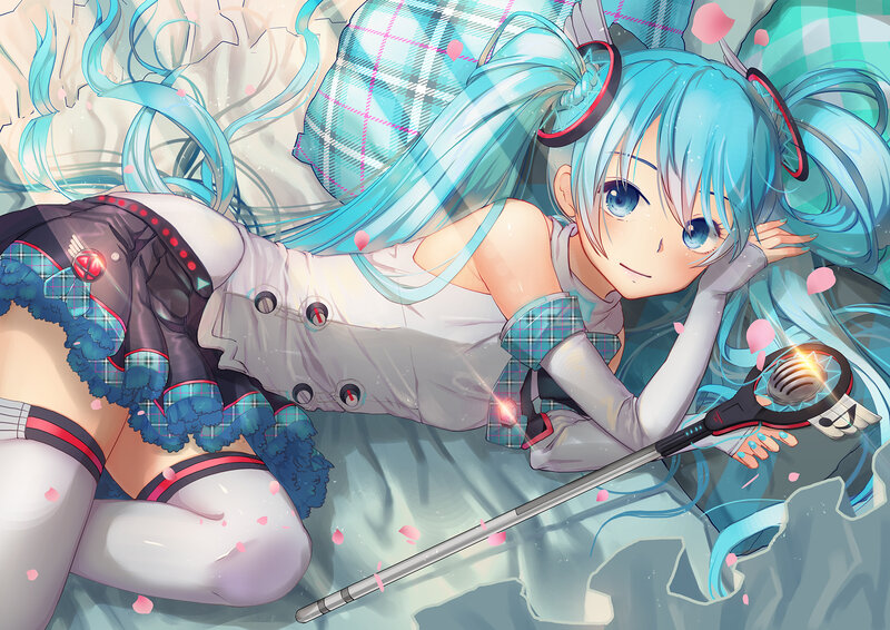 Blue-haired Girl Lying Down — Cyan, Calm, Digital Art, Microphone