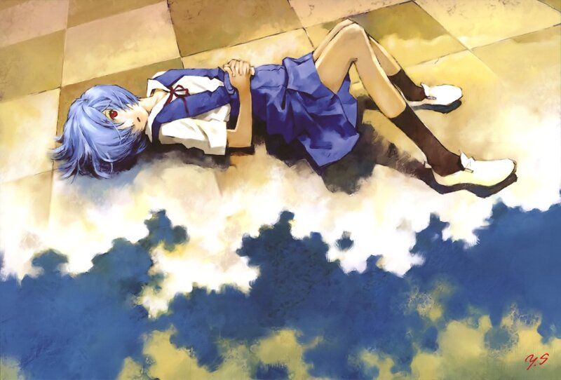 Blue-haired girl lying on floor