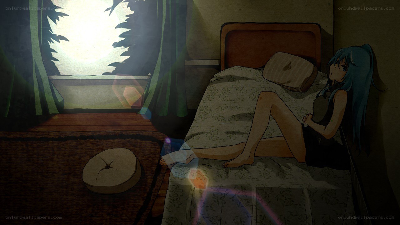 Blue-haired girl on a bed