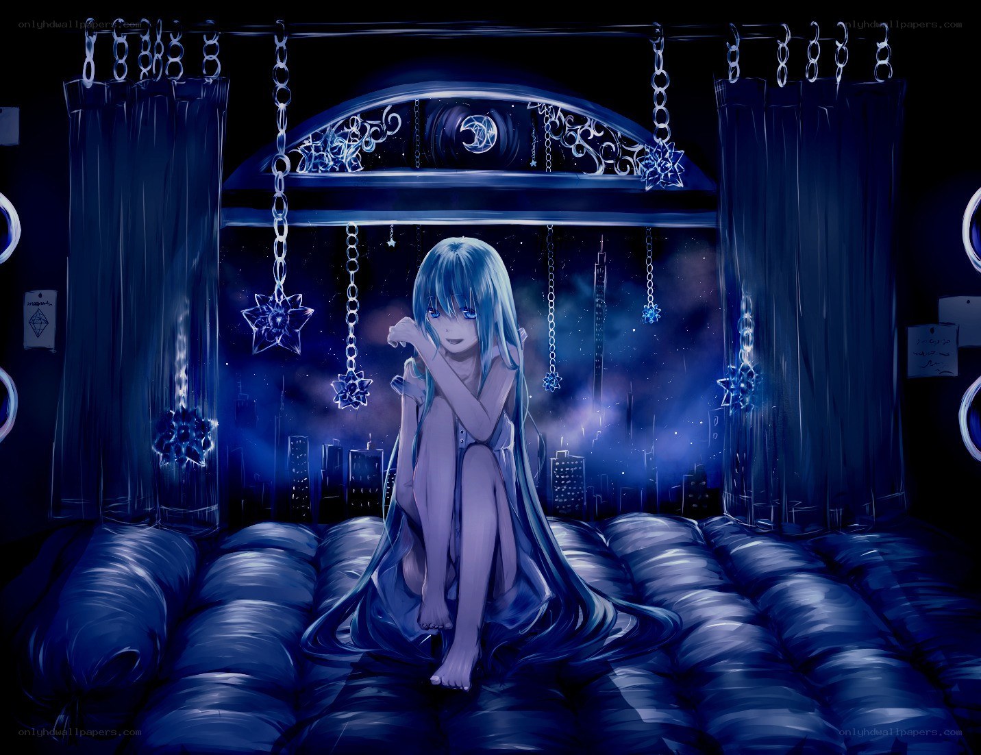 Blue-haired girl on a bed