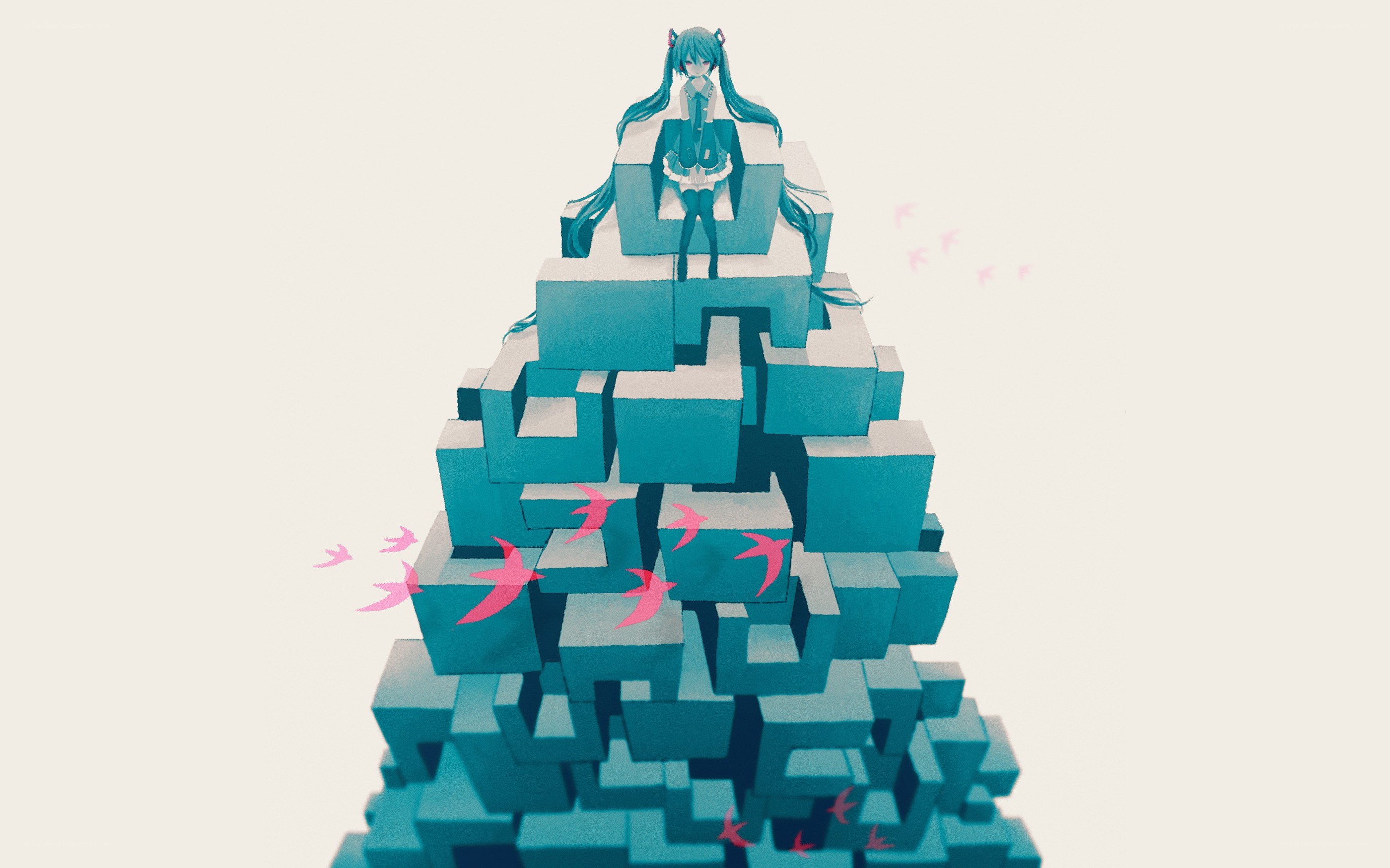 blue-haired girl on a block tower