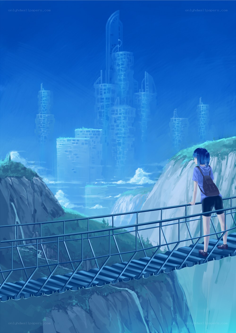 Blue-haired girl on a bridge