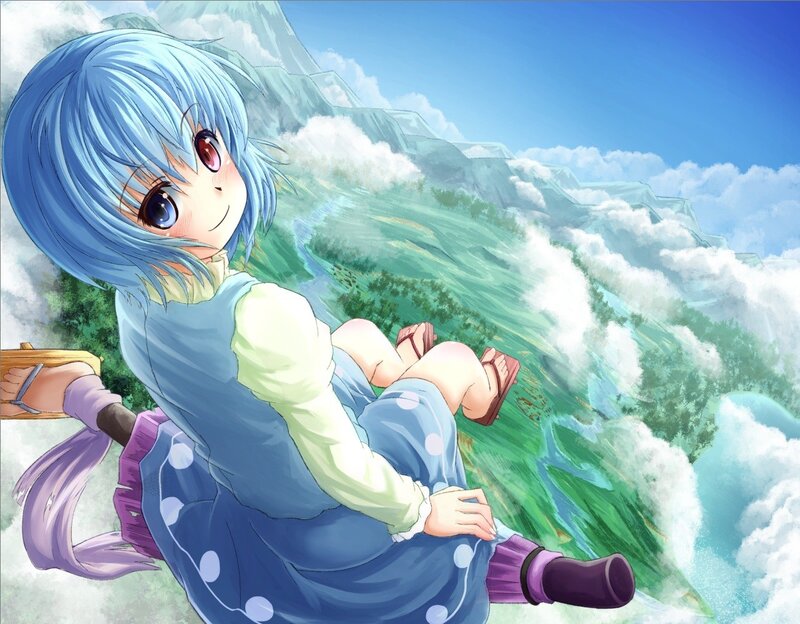 blue-haired girl on a flying broom