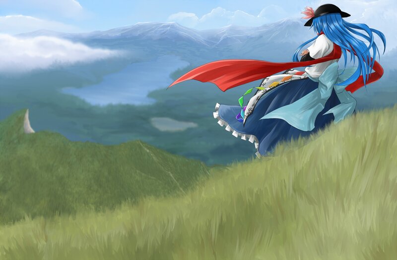 blue-haired girl on a hill