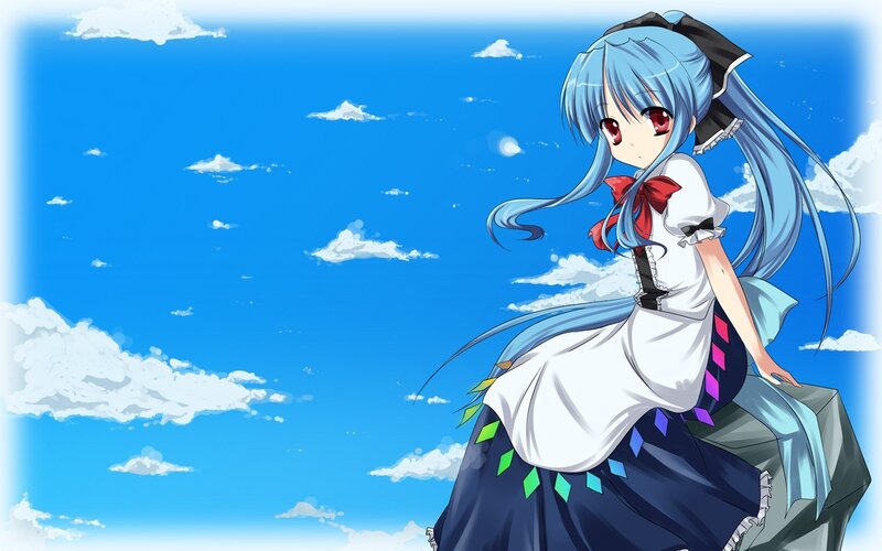 blue-haired girl on a rock