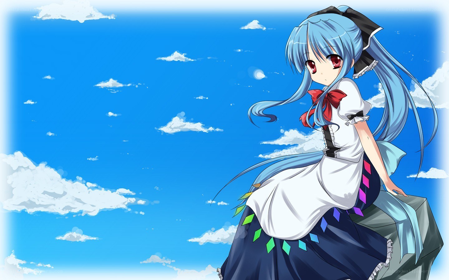 blue-haired girl on a rock